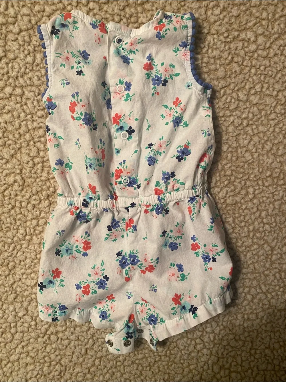 Carter’s Baby Girl Flowered Romper White W Pink Orange Blue Flowers Blue Bow